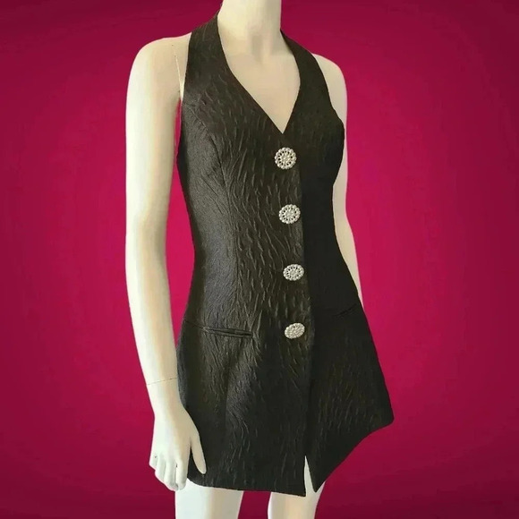 Vintage 80s Embossed Black Satin Halter Top / Mini Dress M - Picture 2 of 10